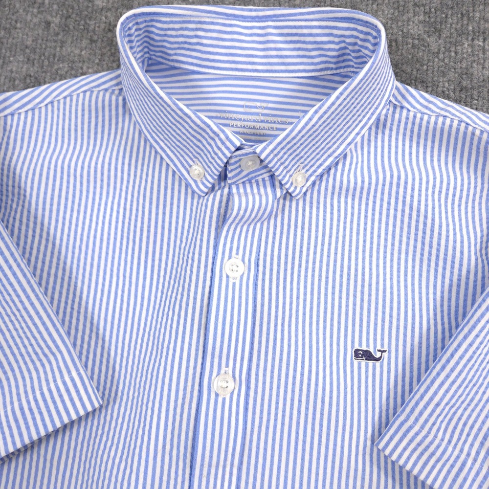 Vineyard Vines Performance Seersucker Shirt Boys L (16) Blue Striped Whale Logo